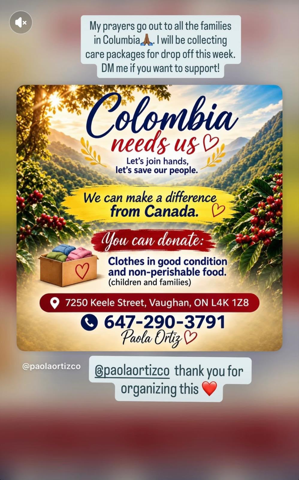 Paola Ortiz Colombia care package donation drive poster